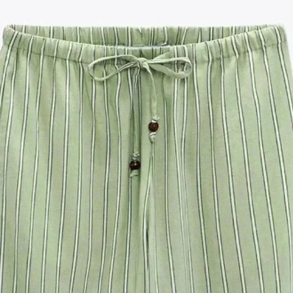 Zara green Linen blend striped pull on elastic waist pants woman’s size XL - Picture 2 of 4